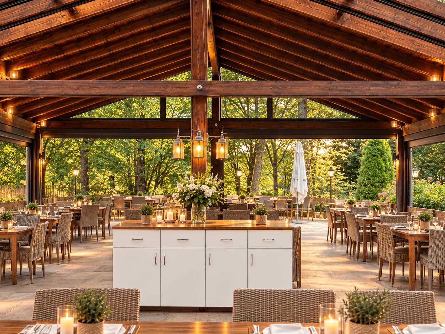 Überdachte Terrasse Classico mit Stehtischen